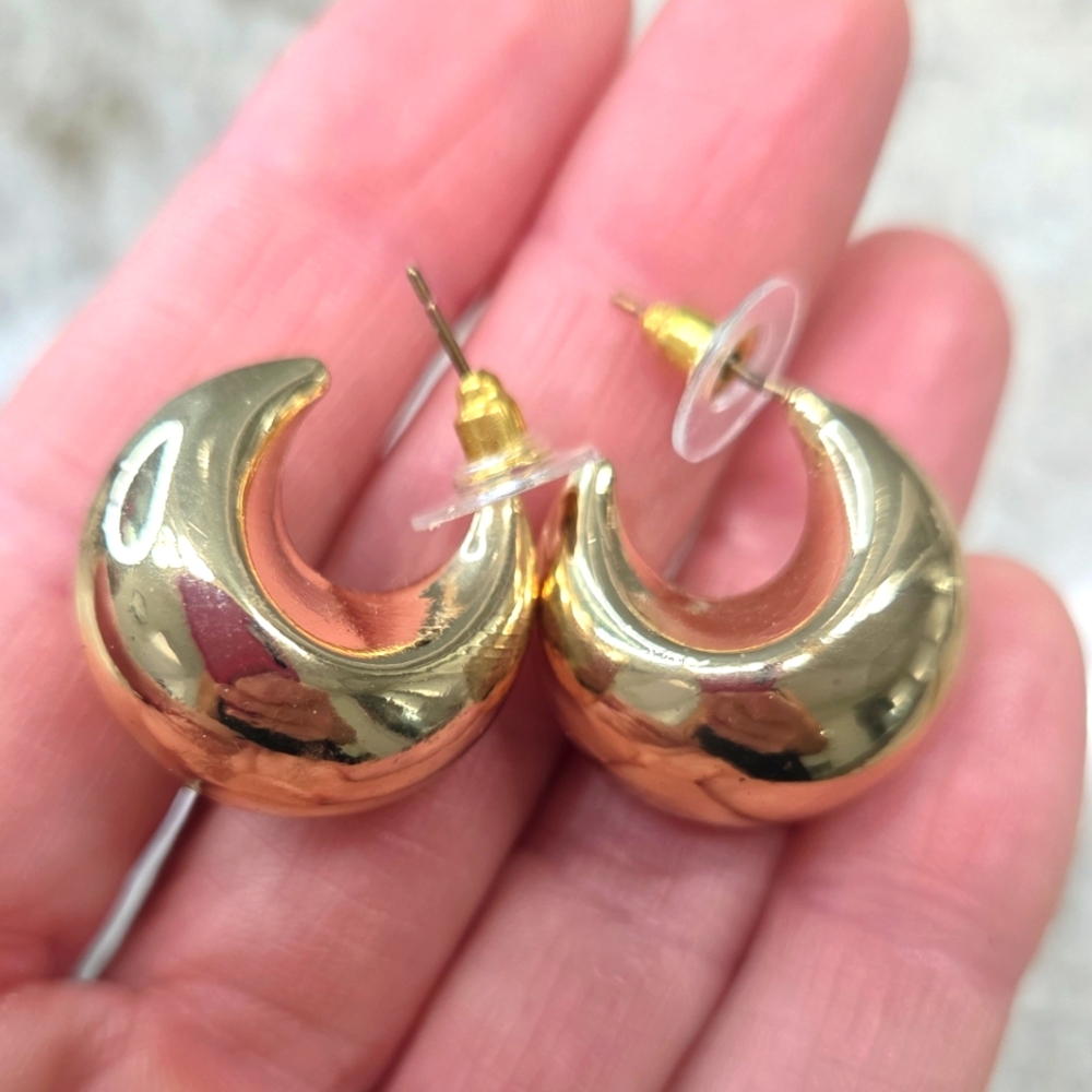 Gold Tone Crescent‎ Hoop Earrings Statement Business High-Shine